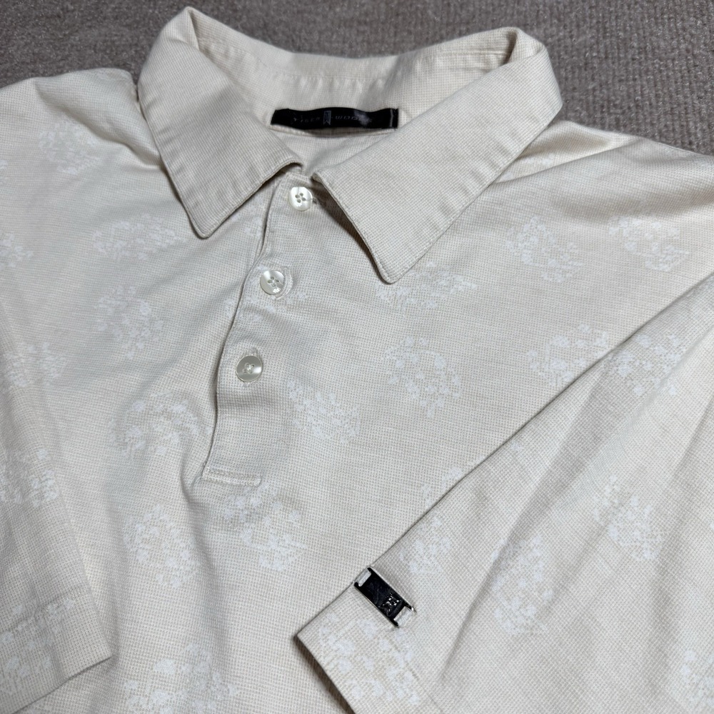 Vintage Nike Tiger Woods Polo Shirt Mens L Cream AOP Floral Knit Metal TW Sleeve